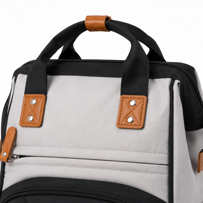 Black baby diaper backpack handle detail product photo on white background
