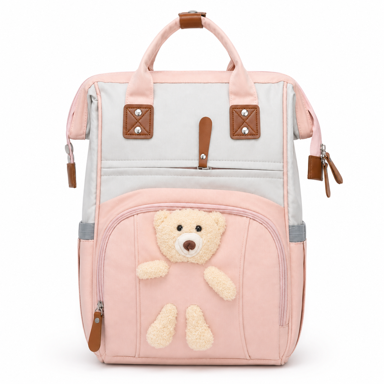 Pink baby diaper backpack with teddy applique front view product photo on white background