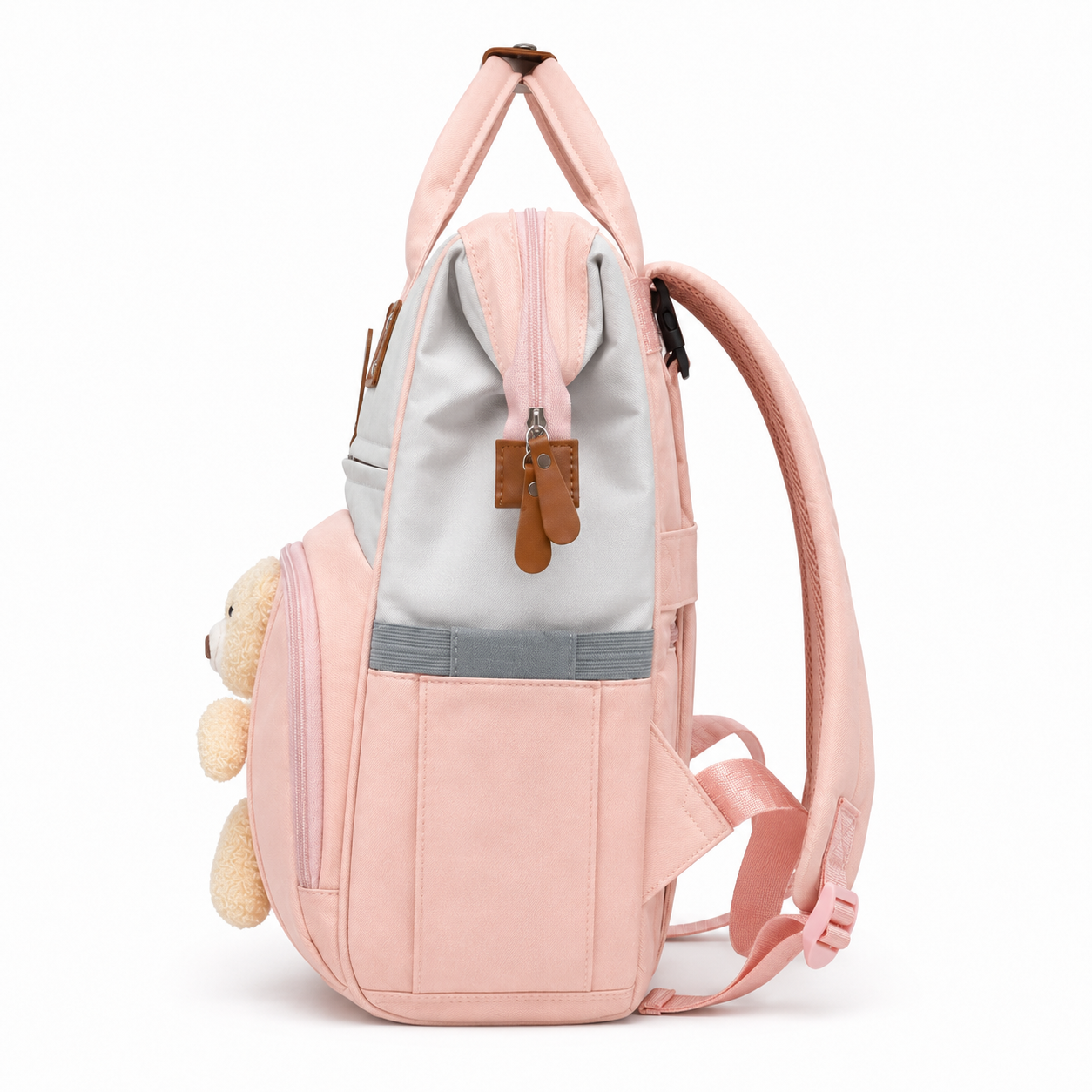 Pink baby diaper backpack side angle product photo on white background