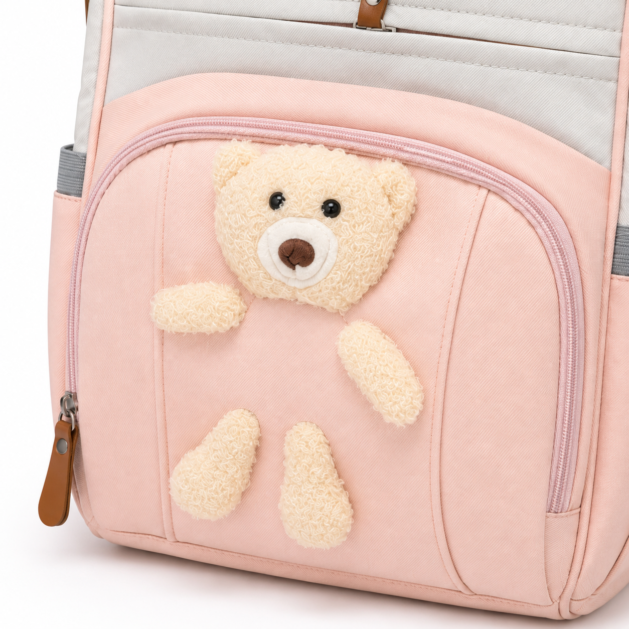 Pink baby diaper backpack teddy detail product photo on white background