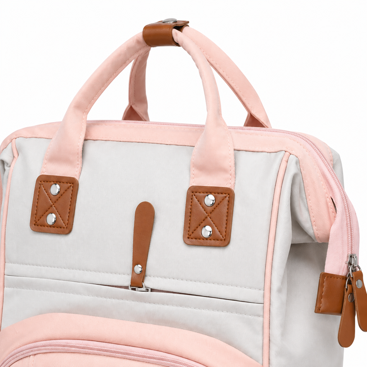 Pink baby diaper backpack handle and zipper detail product photo on white background