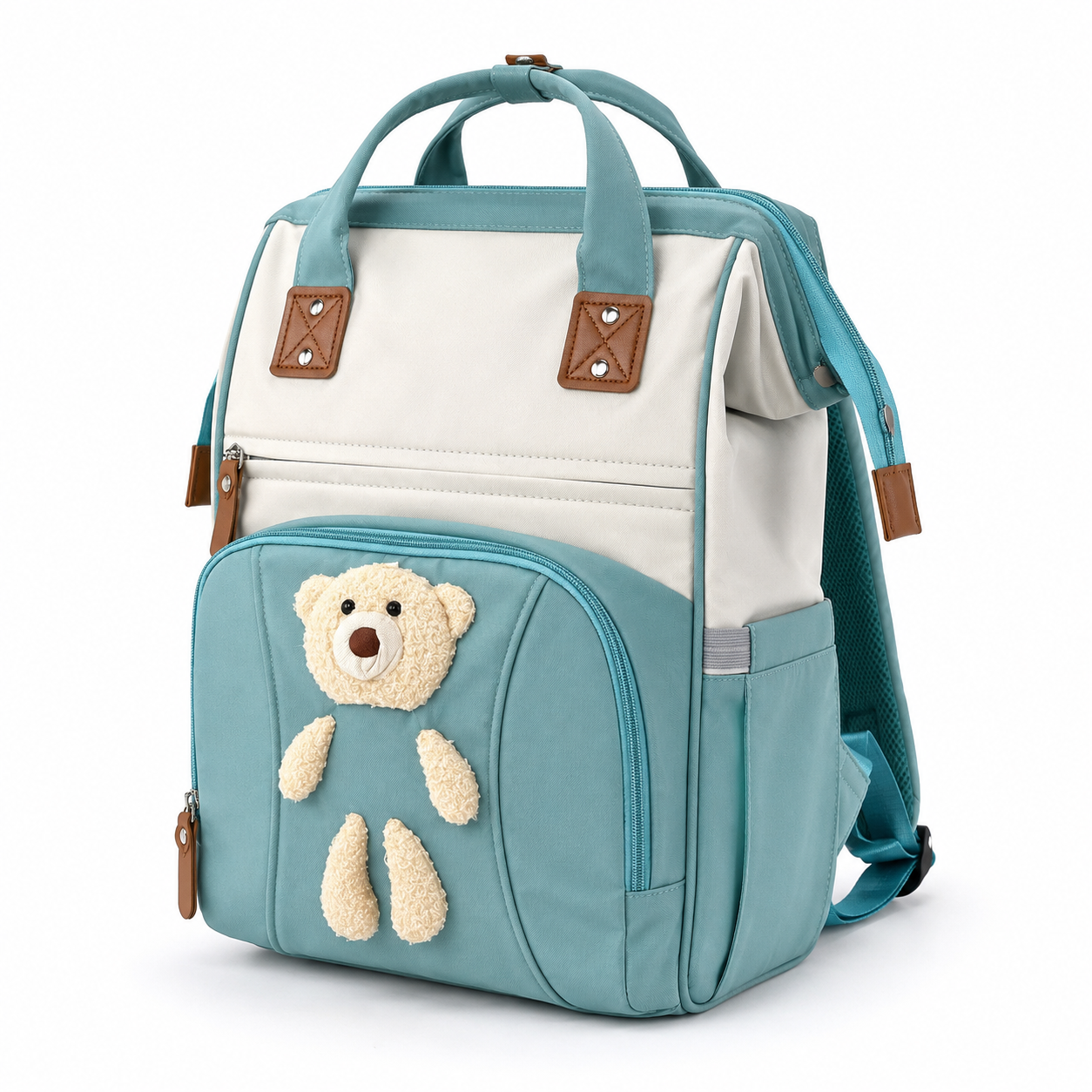Teal baby diaper backpack with teddy applique hero product photo on white background