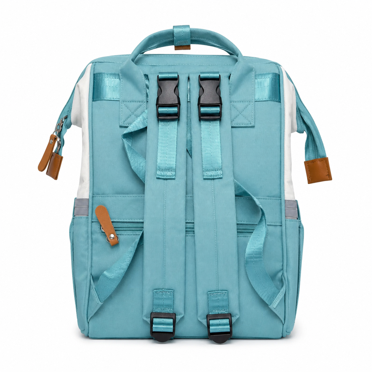 Teal baby diaper backpack back view product photo on white background