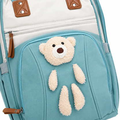 Teal baby diaper backpack teddy detail photo on white background