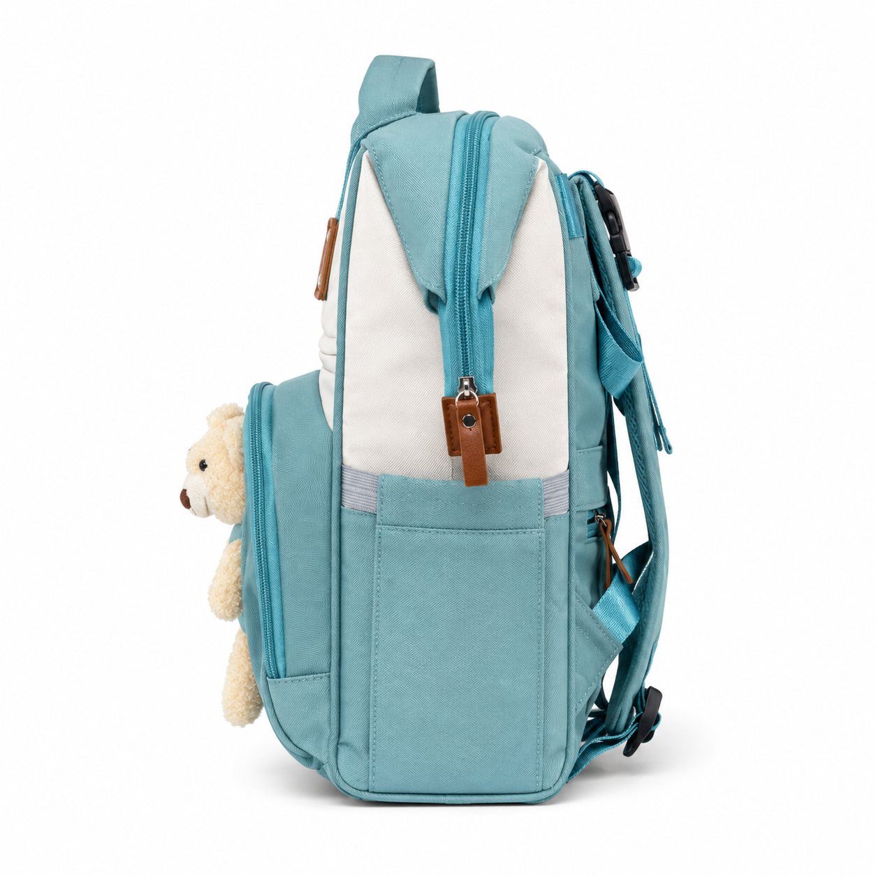 Teal baby diaper backpack open top product photo on white background