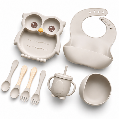 Neutral baby feeding set complete flat lay product photo on white background
