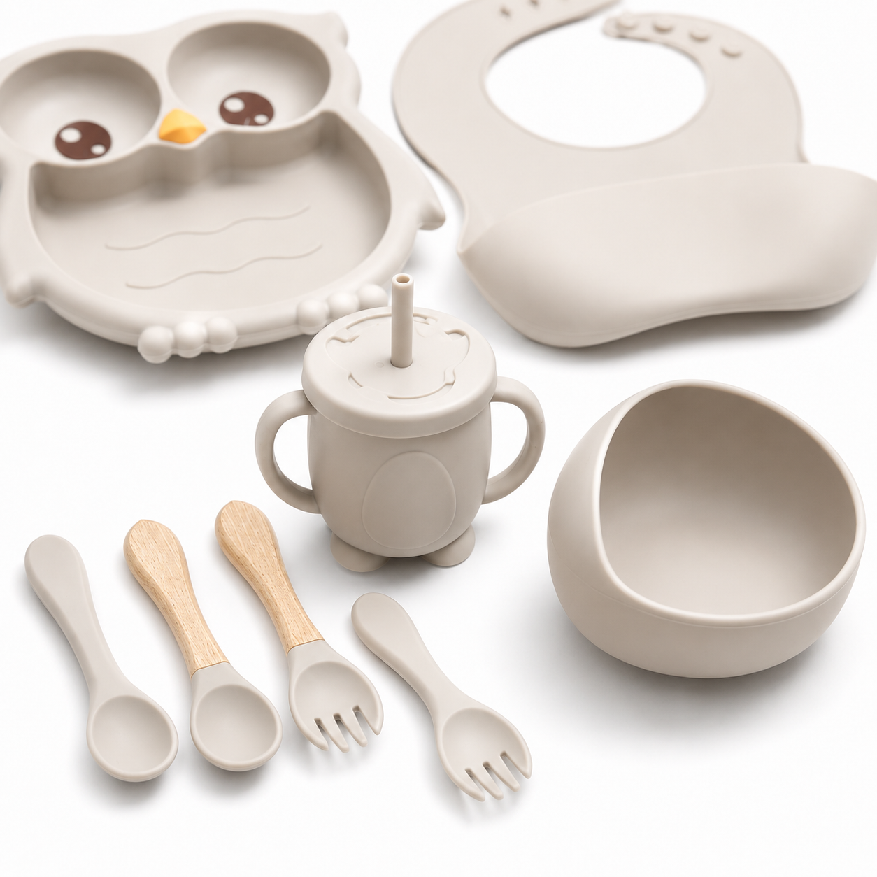 Neutral baby feeding set flat lay catalog product photo on white background
