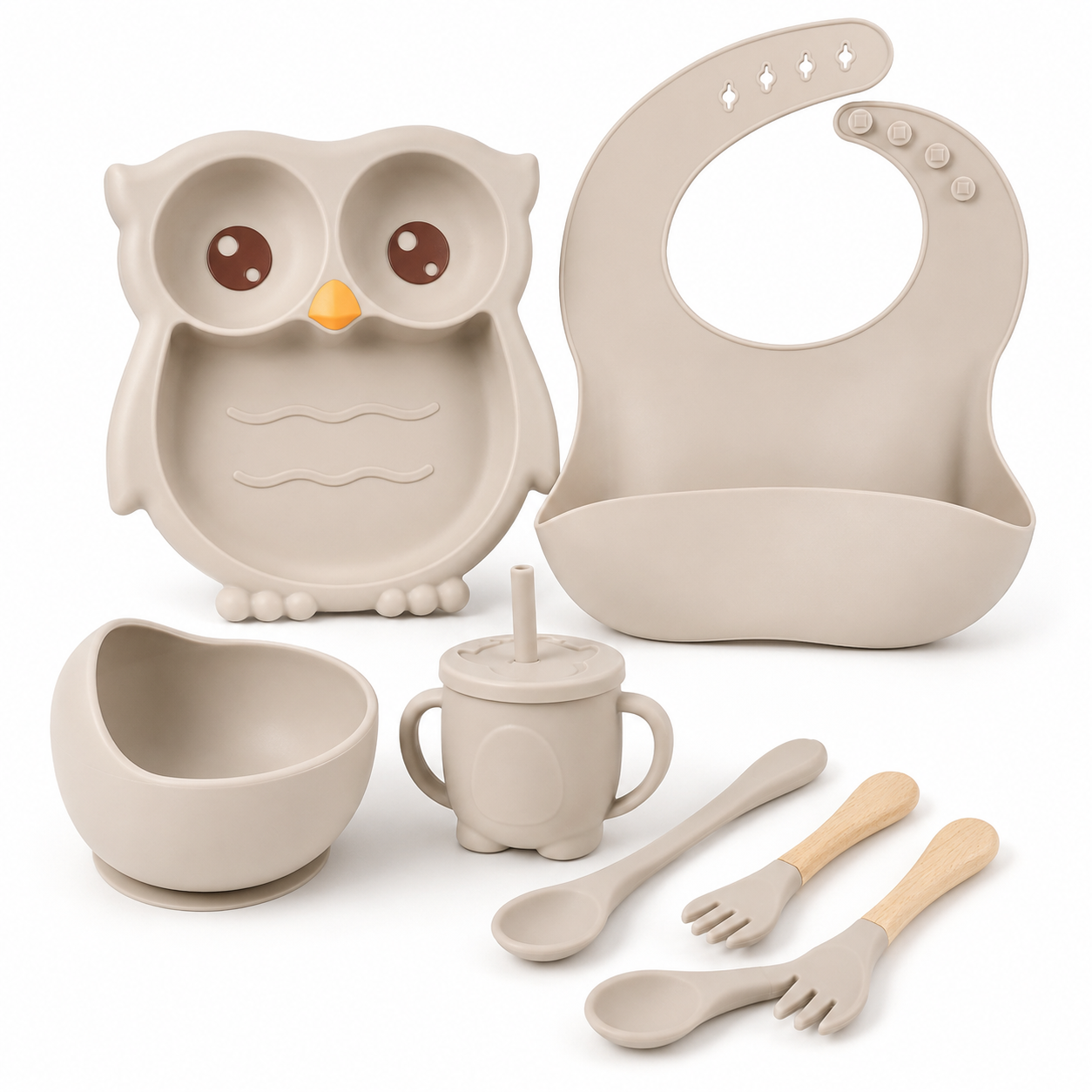 Neutral baby feeding set still life product photo on white background