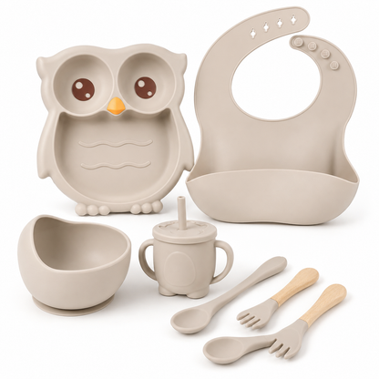 Neutral baby feeding set still life product photo on white background