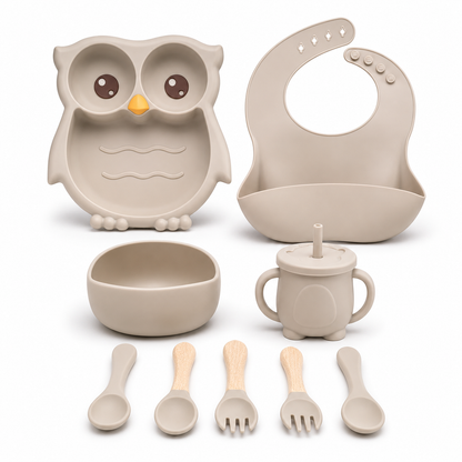 Owl themed beige baby feeding set product photo on white background