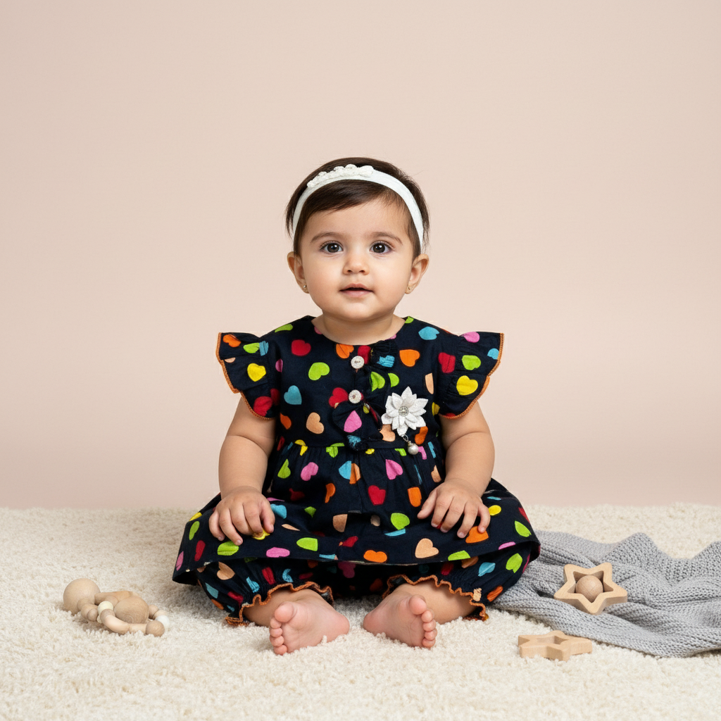 Baby Girl Black Frock with Heart Design - Elegant Dress 0-9M