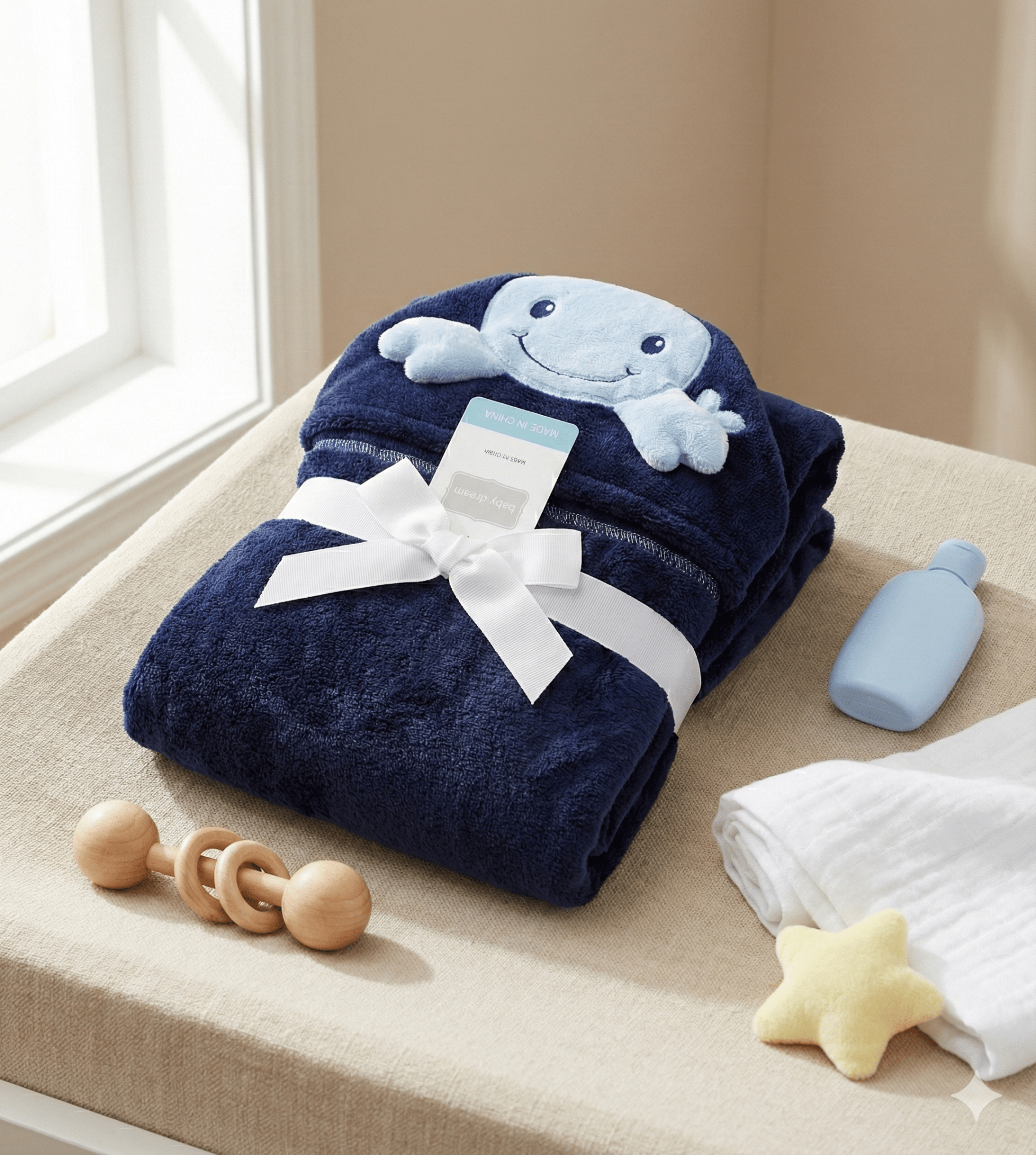 Baby Hooded Shawl - Blue Cozy Soft Wrap for Bath & Bedtime - Comfort Cubz