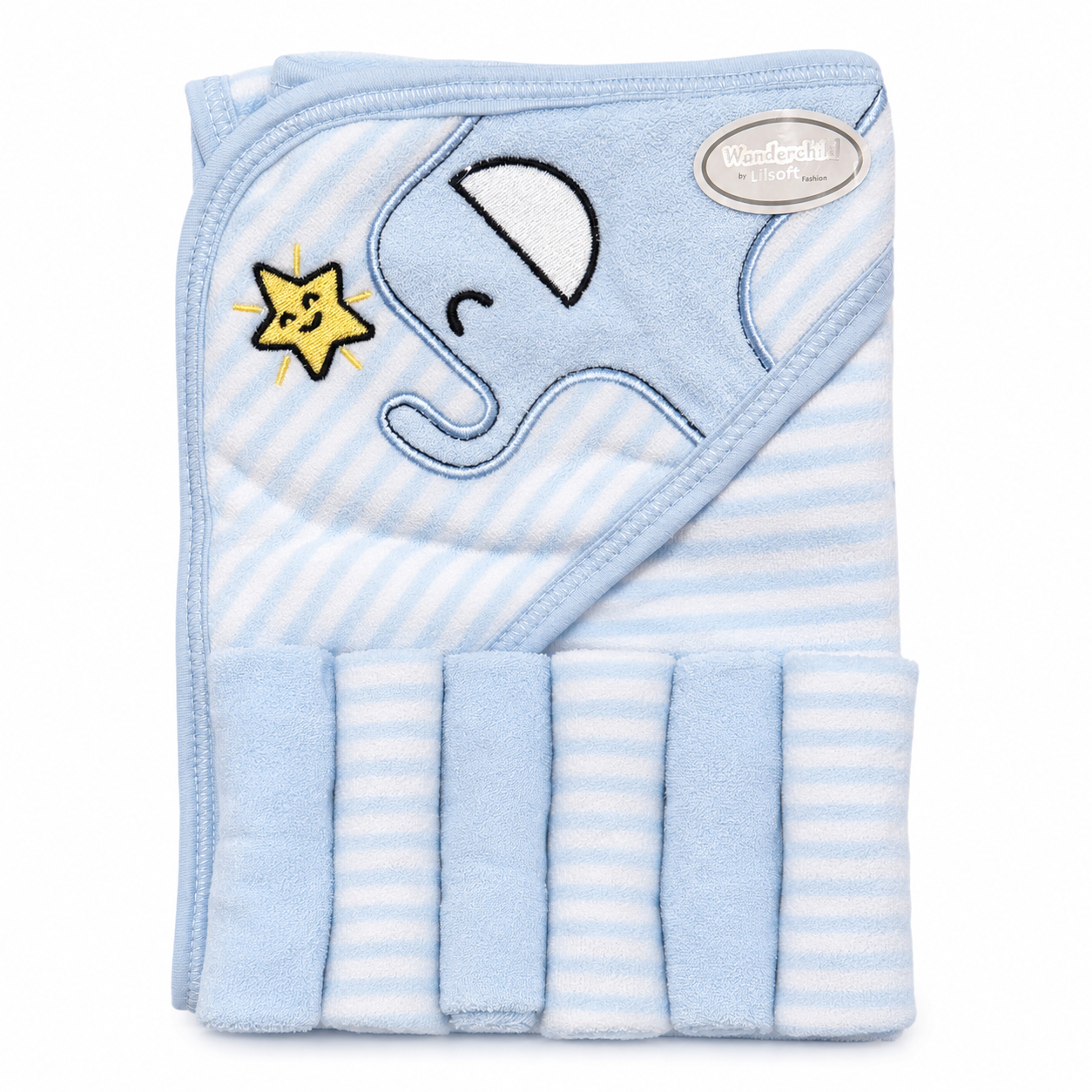 Blue elephant baby hooded towel wrap on white background