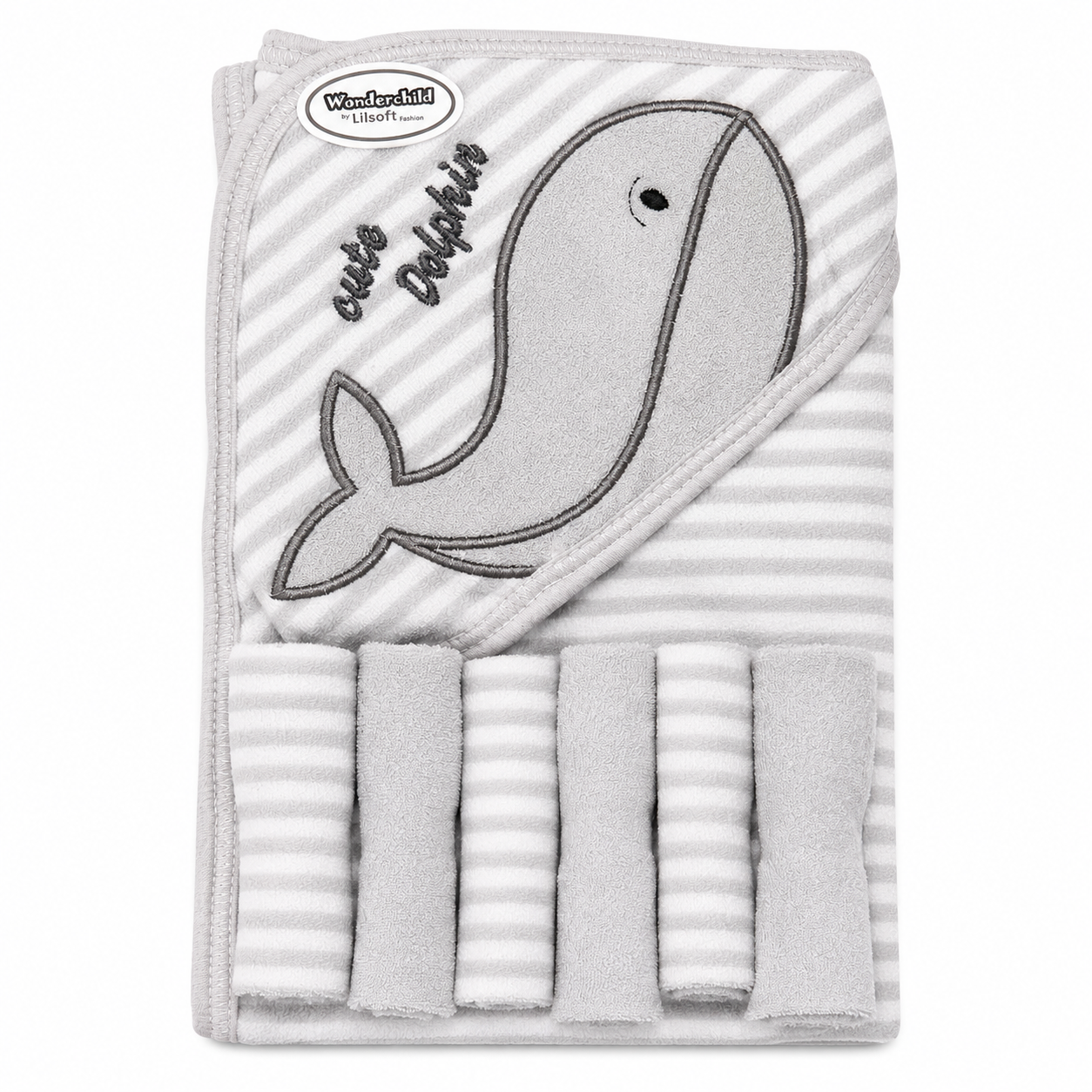Grey sea animal baby hooded towel wrap on white background