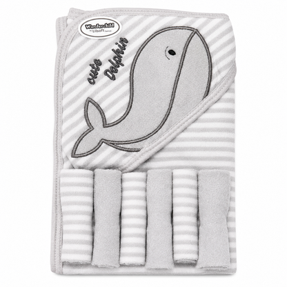 Grey sea animal baby hooded towel wrap on white background