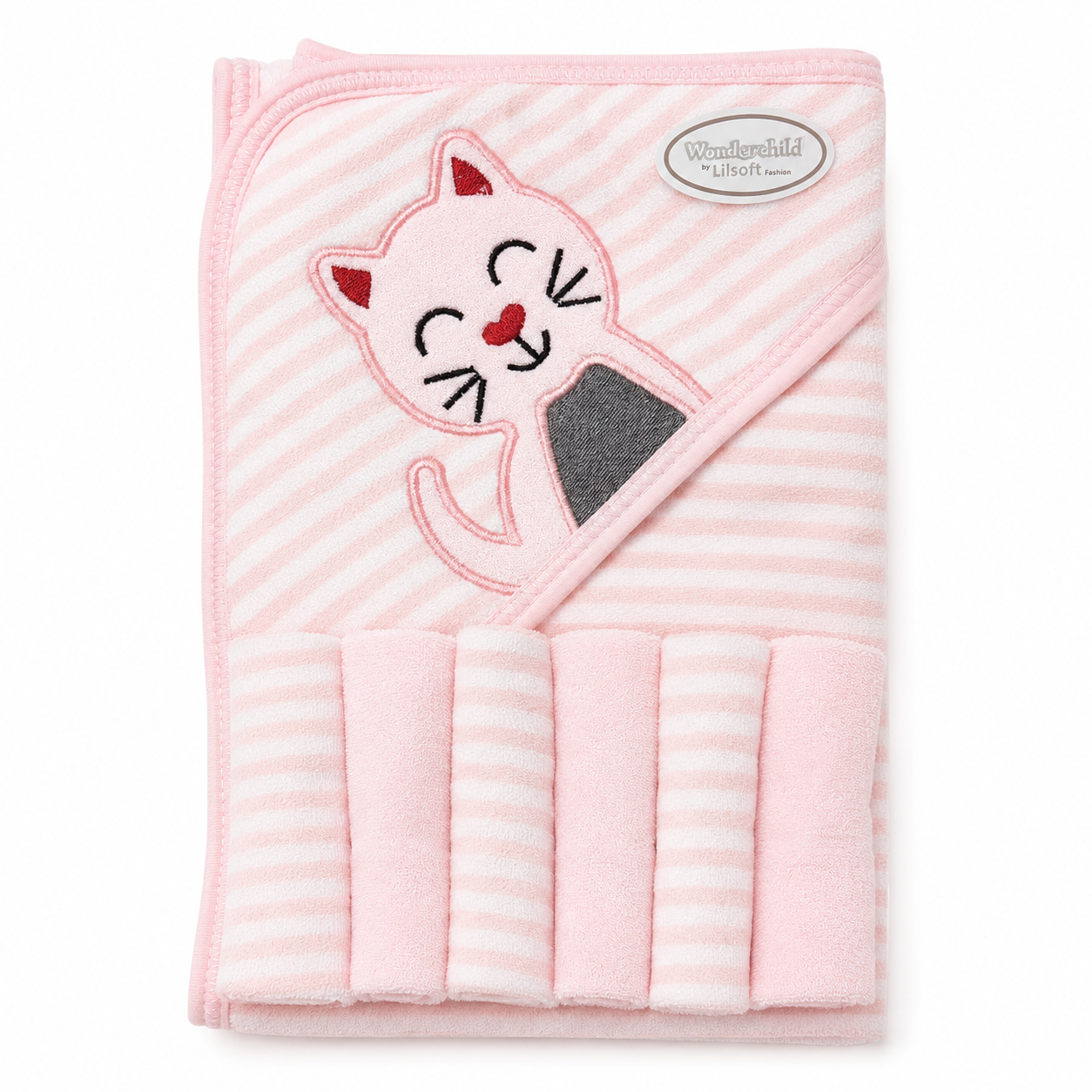 Pink cat baby hooded towel wrap on white background