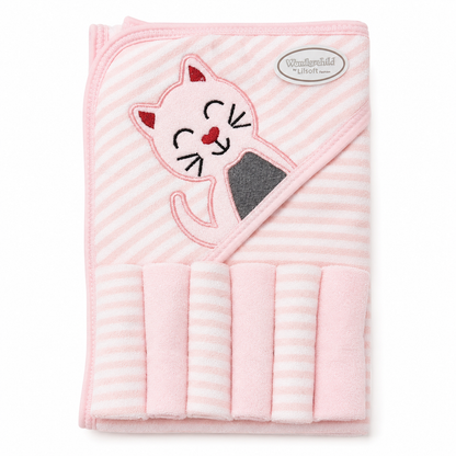Pink cat baby hooded towel wrap on white background