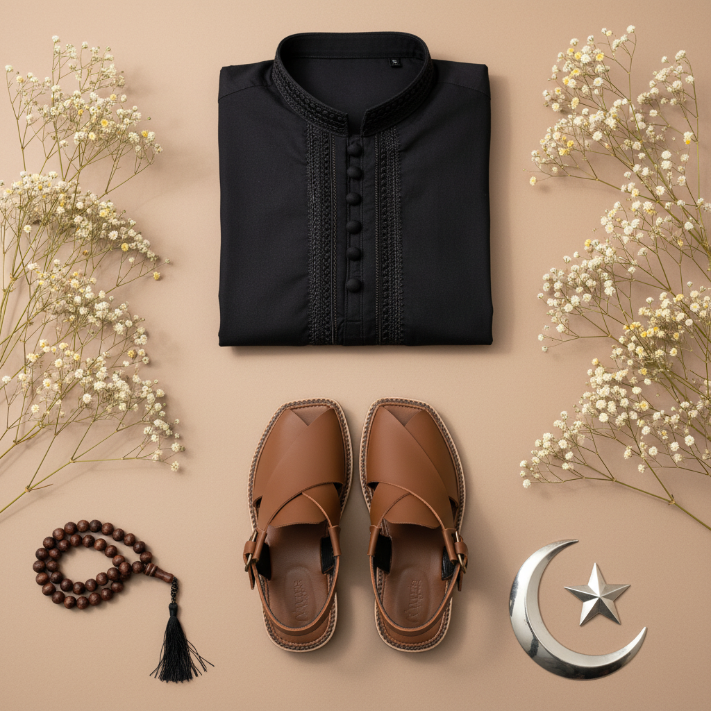Black Kurta with Brown Peshawari Sandals - Hero Image