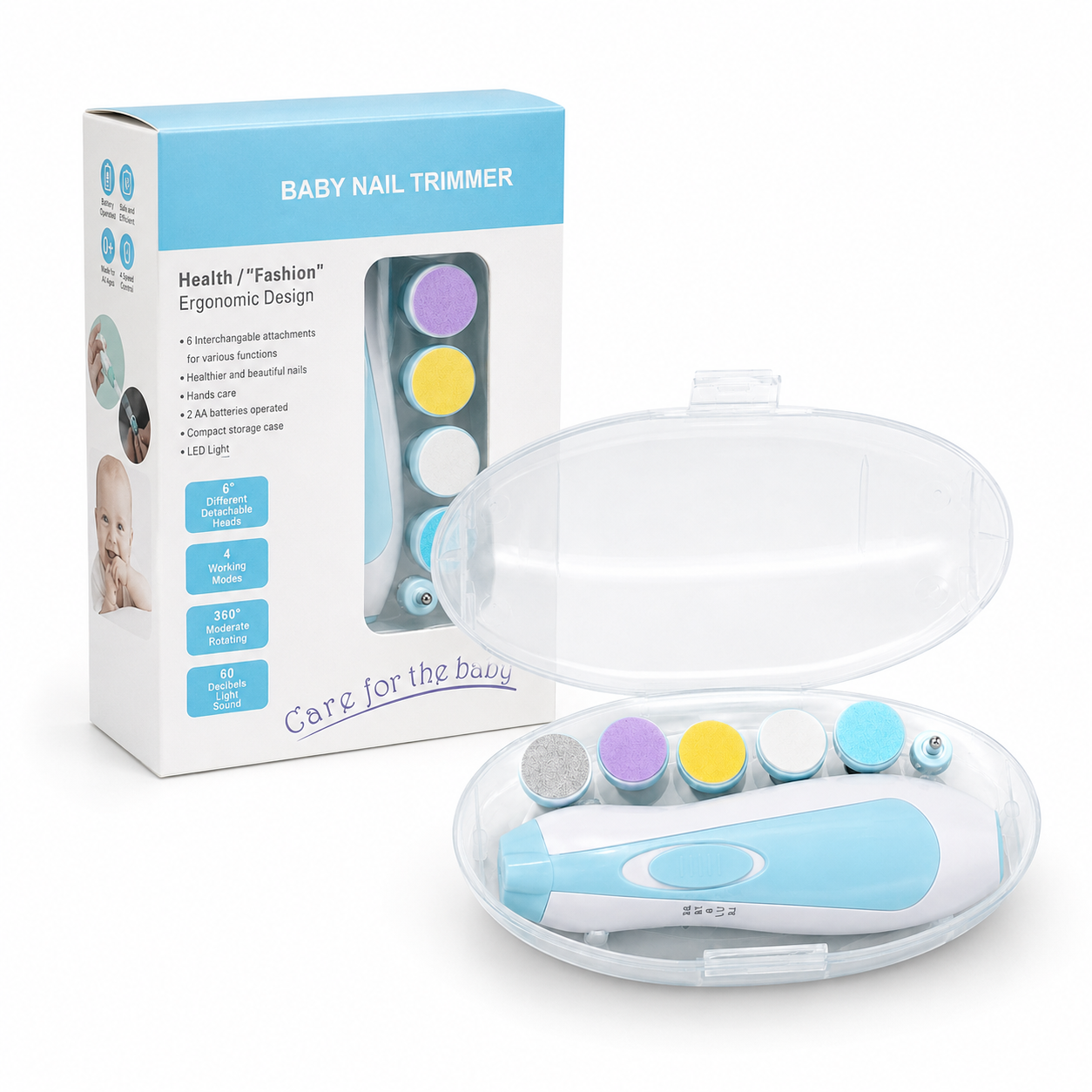 Baby electric nail trimmer kit with retail box and storage case