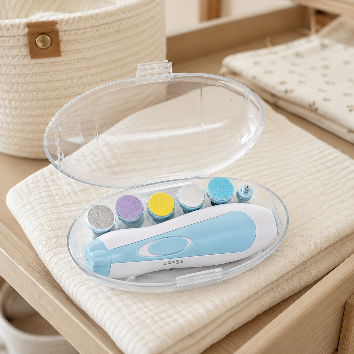 Baby electric nail trimmer grooming kit on nursery changing table