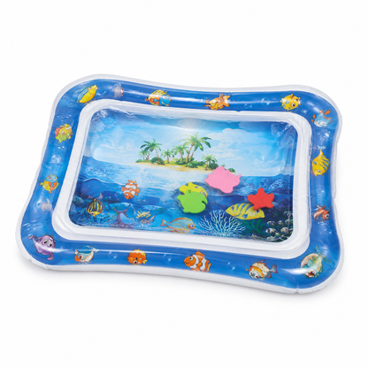 Inflatable baby tummy time water mat with ocean print and floating foam shapes