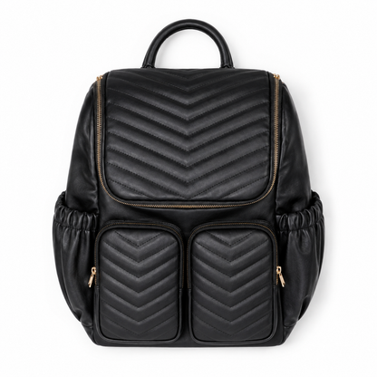 Black quilted mother and baby diaper backpack front view