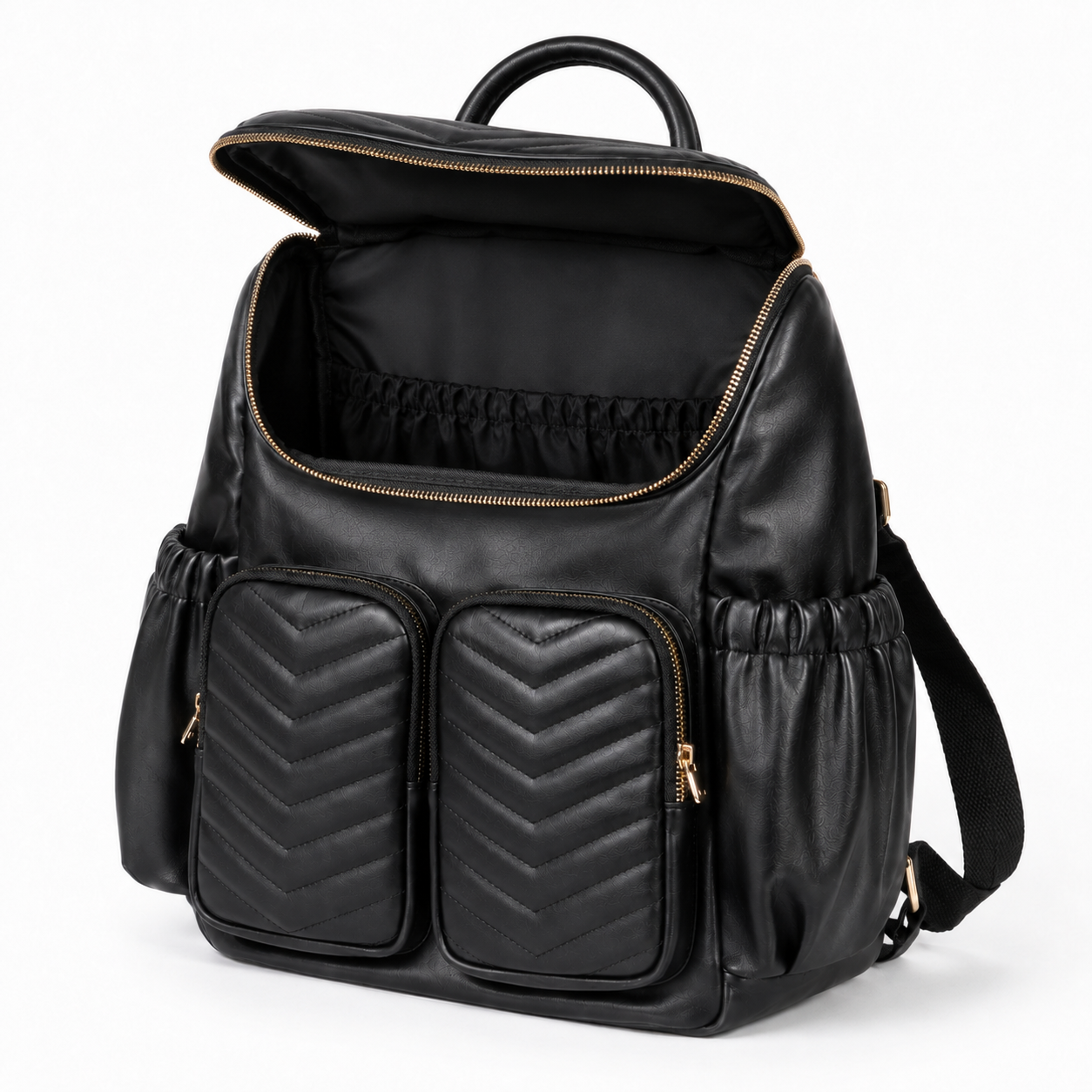 Black quilted mother and baby diaper backpack with main compartment open