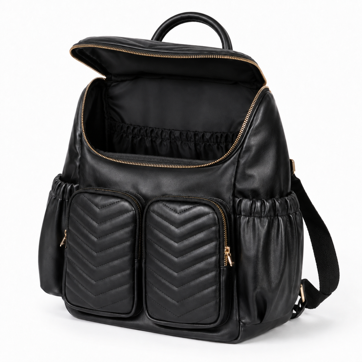 Black quilted mother and baby diaper backpack with main compartment open