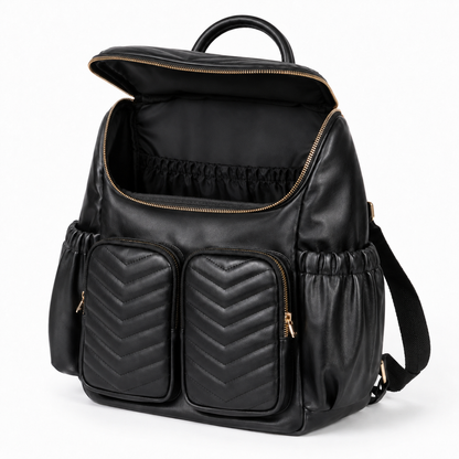 Black quilted mother and baby diaper backpack with main compartment open