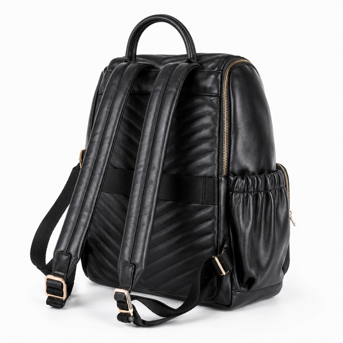 Black quilted mother and baby diaper backpack rear three-quarter view