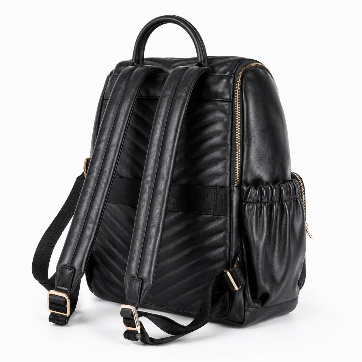 Black quilted mother and baby diaper backpack rear three-quarter view
