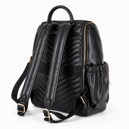 Black quilted mother and baby diaper backpack rear three-quarter view