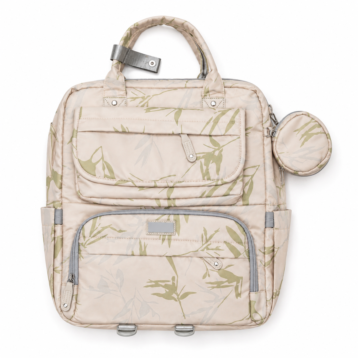 Beige botanical print mother and baby diaper backpack catalogue front view with accessory pouch