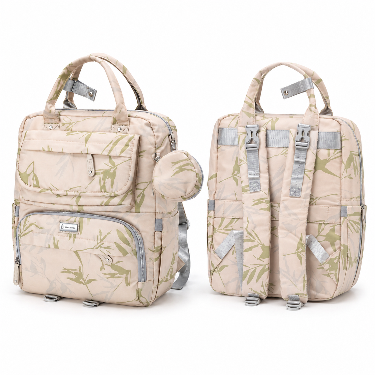 Beige botanical print mother and baby diaper backpack front and back views