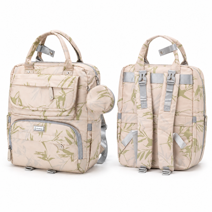 Beige botanical print mother and baby diaper backpack front and back views