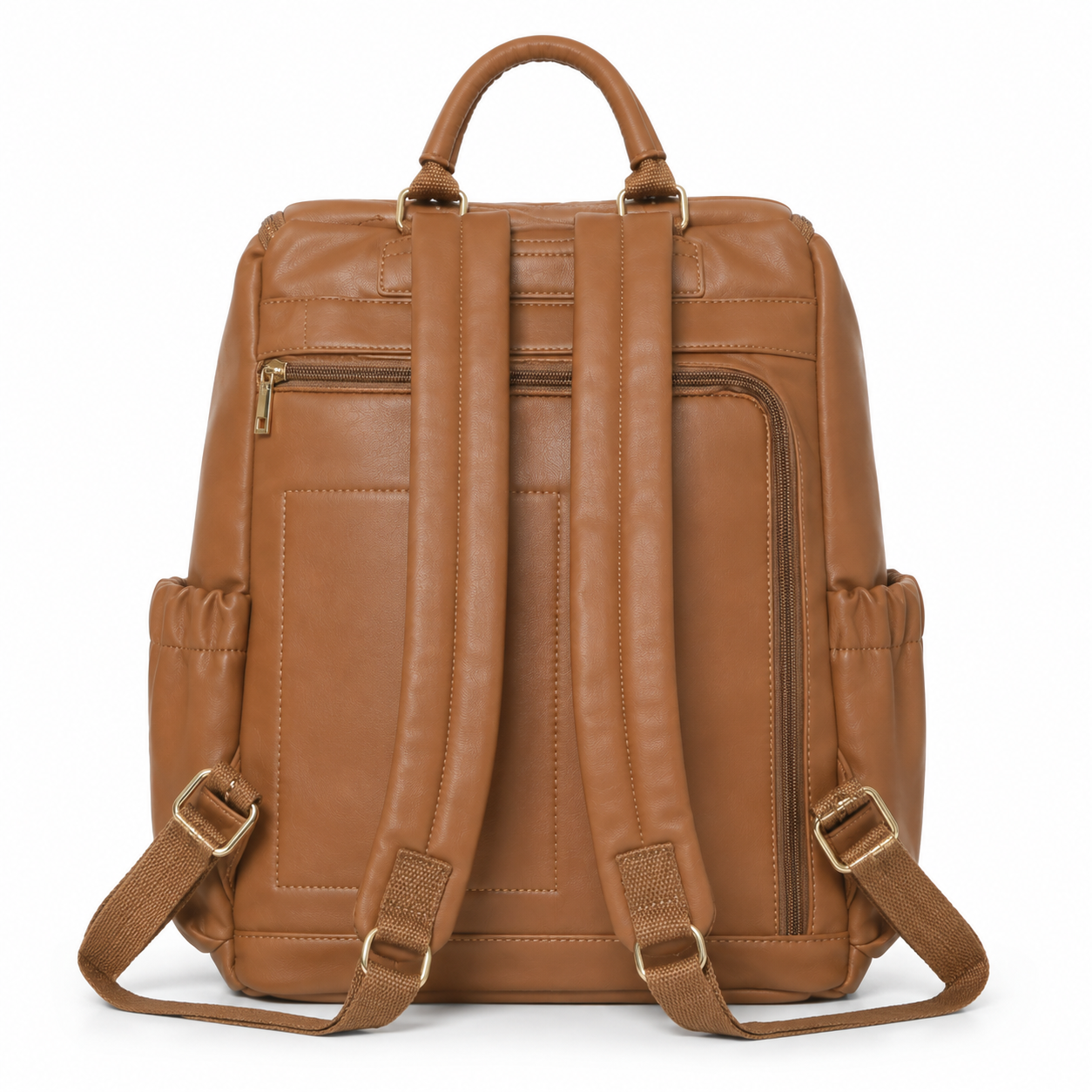 Caramel brown quilted mother and baby diaper backpack rear view with shoulder straps