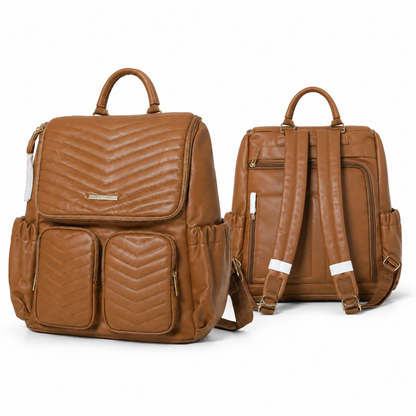 Caramel brown quilted mother and baby diaper backpack front and back views
