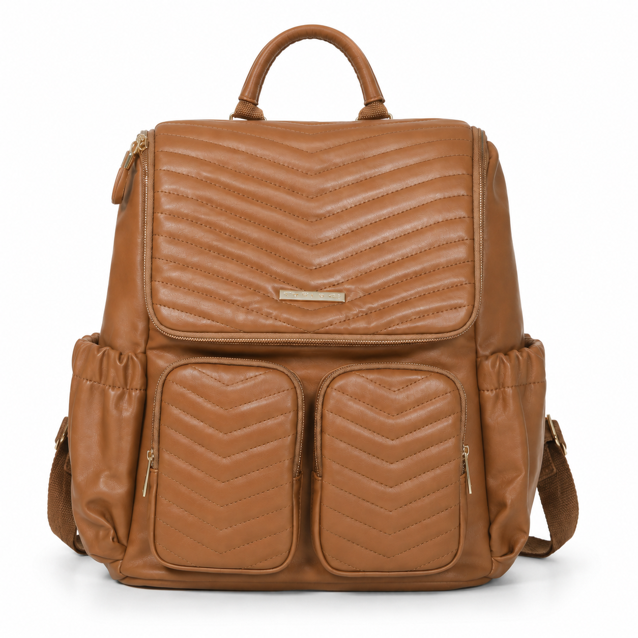 Caramel brown quilted mother and baby diaper backpack front view