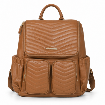 Caramel brown quilted mother and baby diaper backpack front view