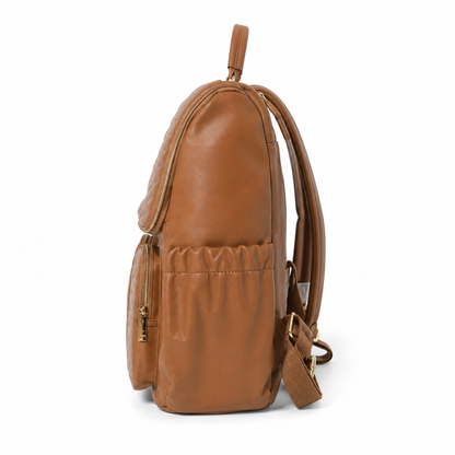 Caramel brown quilted mother and baby diaper backpack side profile