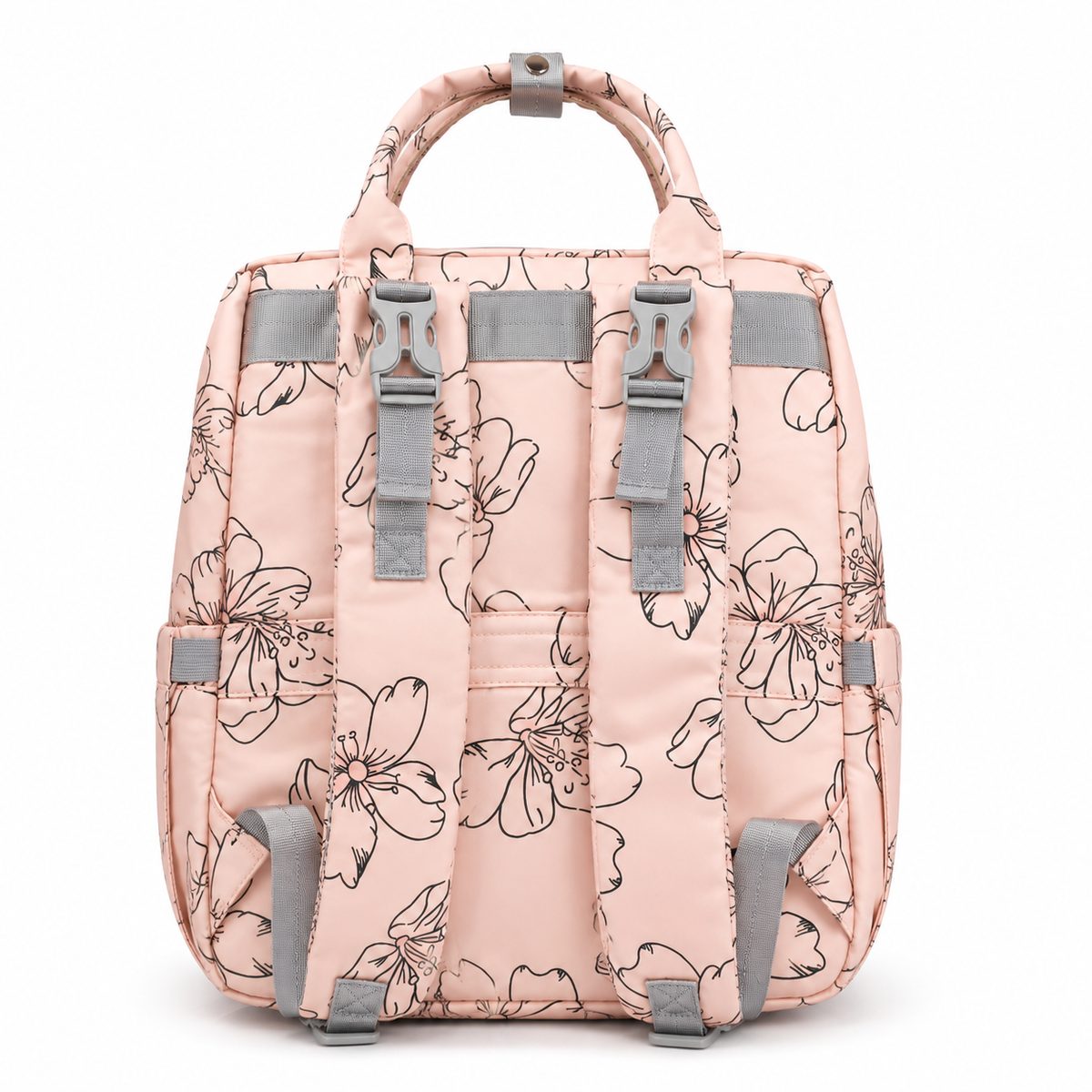 Blush pink floral mother and baby diaper backpack back view with shoulder straps