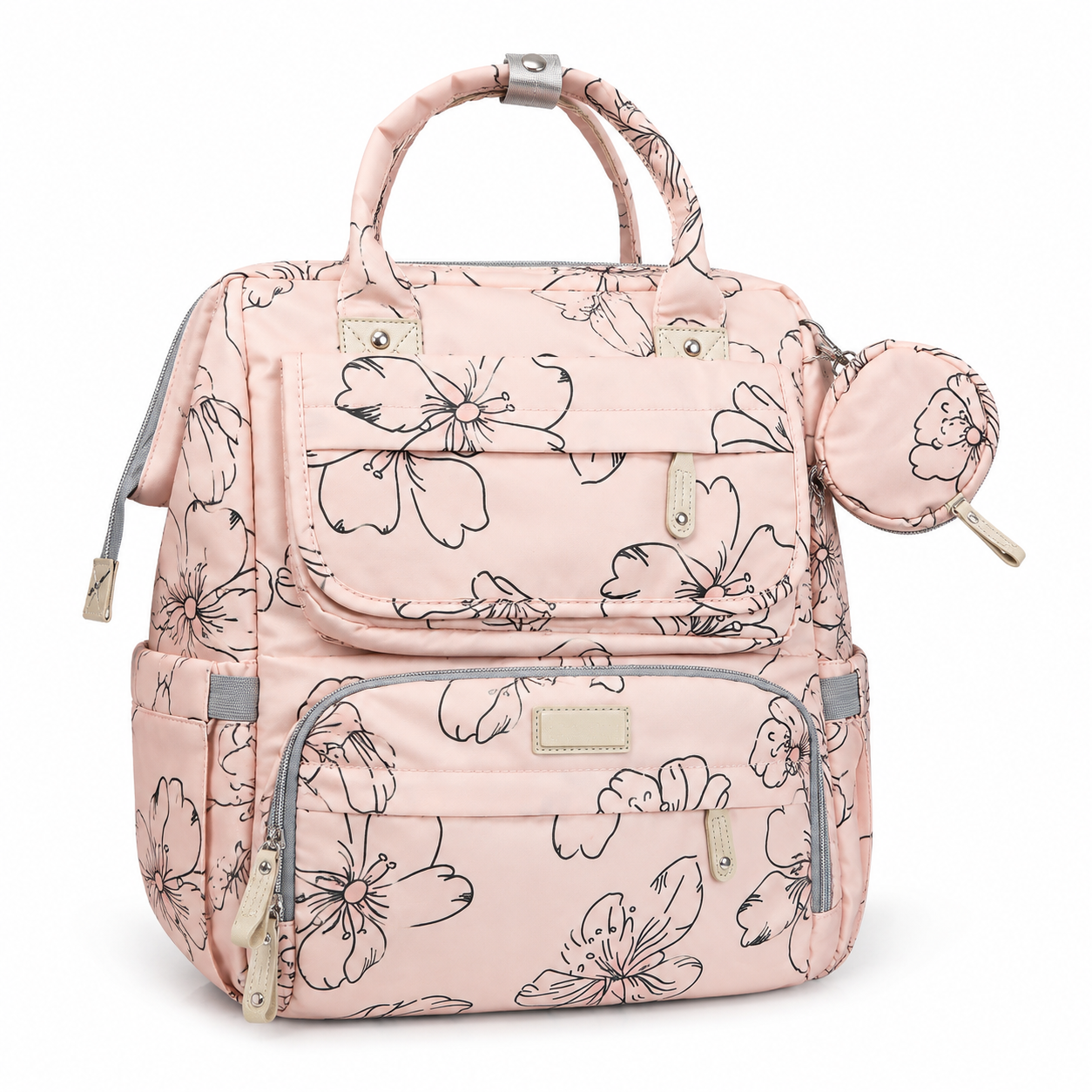 Blush pink floral mother and baby diaper backpack front three-quarter view with accessory pouch