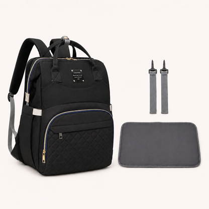 Black mother and baby backpack with changing mat and stroller straps
