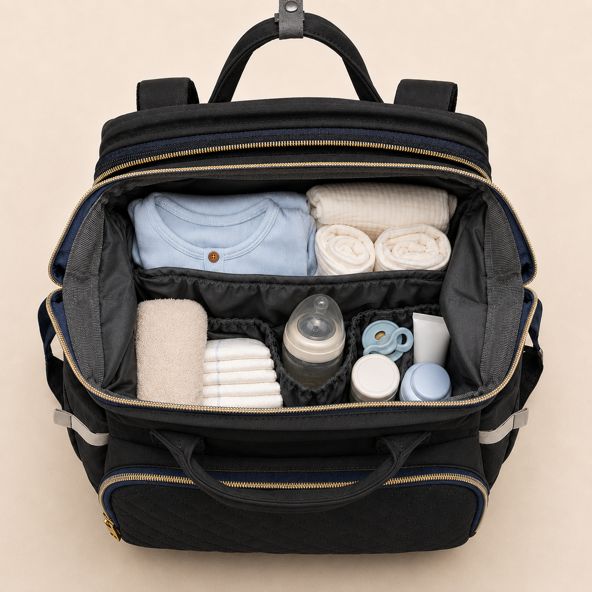 Black mother and baby backpack packed with newborn essentials