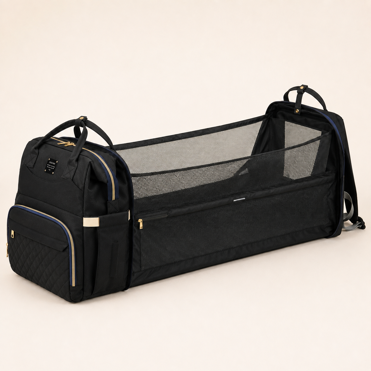 Black mother and baby backpack converted into portable changing station