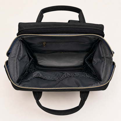 Empty organized interior of black mother and baby backpack