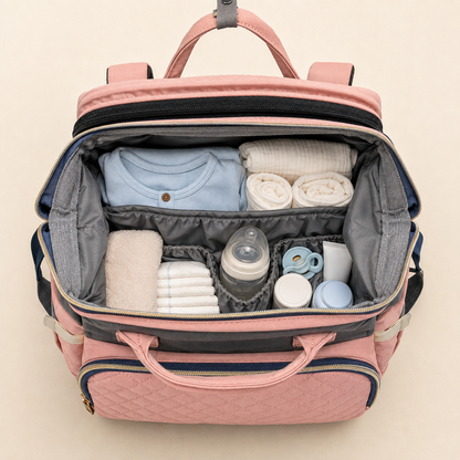 Mother and baby backpack packed with newborn essentials