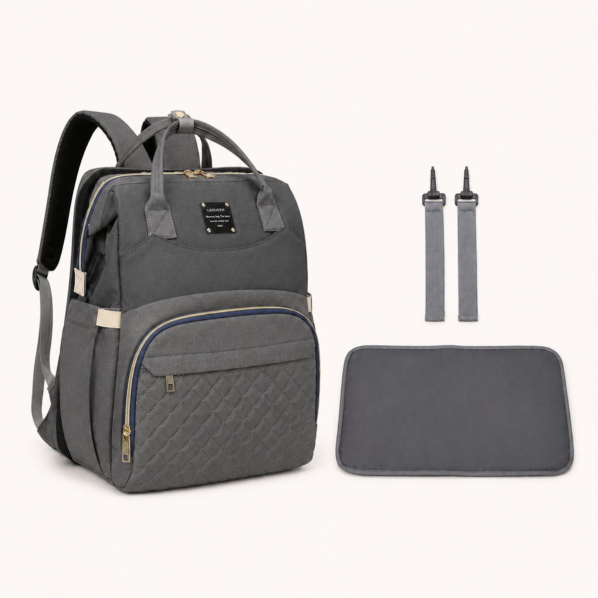 Charcoal grey mother and baby backpack with changing mat and stroller straps