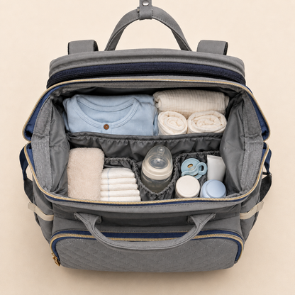 Charcoal grey mother and baby backpack packed with newborn essentials