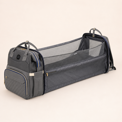 Charcoal grey mother and baby backpack converted into portable changing station
